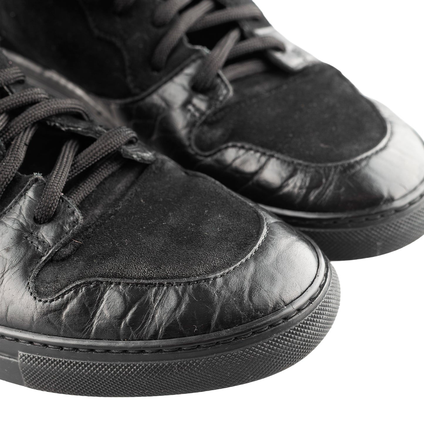 Balenciaga Black Croc Embossed Leather and Suede High Top Sneakers
