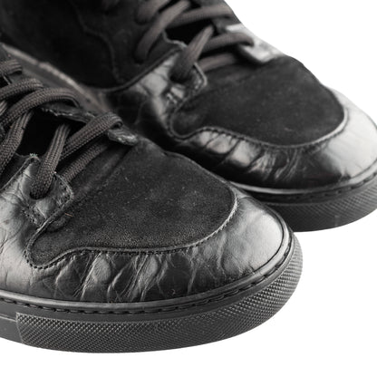 Balenciaga Black Croc Embossed Leather and Suede High Top Sneakers