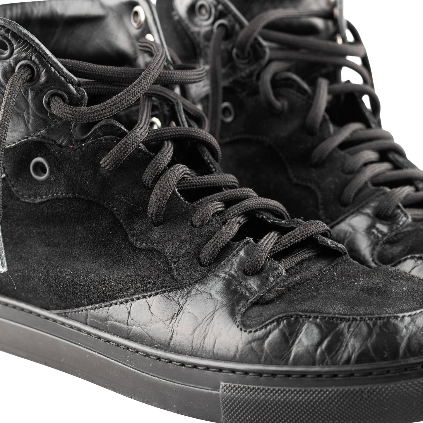 Balenciaga Black Croc Embossed Leather and Suede High Top Sneakers