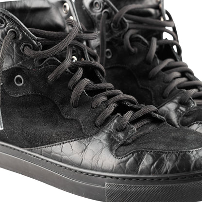 Balenciaga Black Croc Embossed Leather and Suede High Top Sneakers