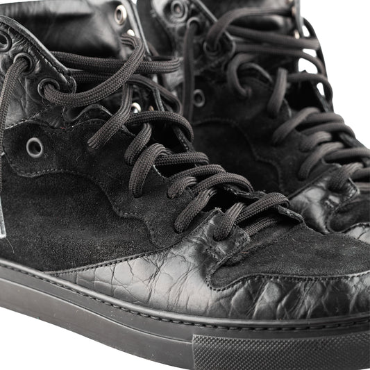 Balenciaga Black Croc Embossed Leather and Suede High Top Sneakers