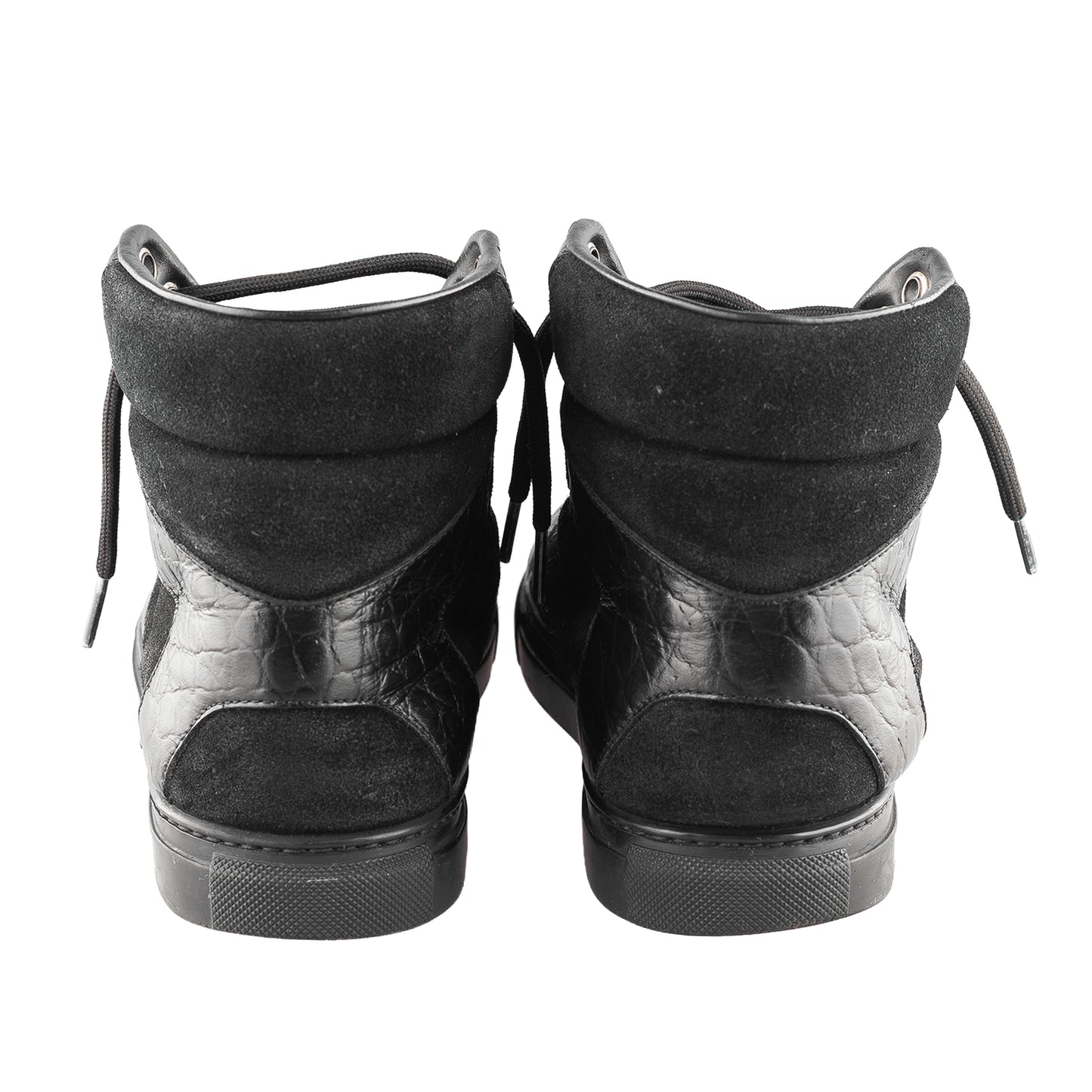 Balenciaga Black Croc Embossed Leather and Suede High Top Sneakers