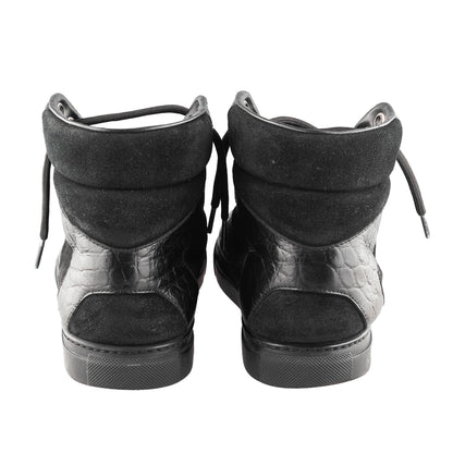 Balenciaga Black Croc Embossed Leather and Suede High Top Sneakers
