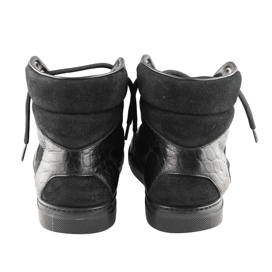Balenciaga Black Croc Embossed Leather and Suede High Top Sneakers