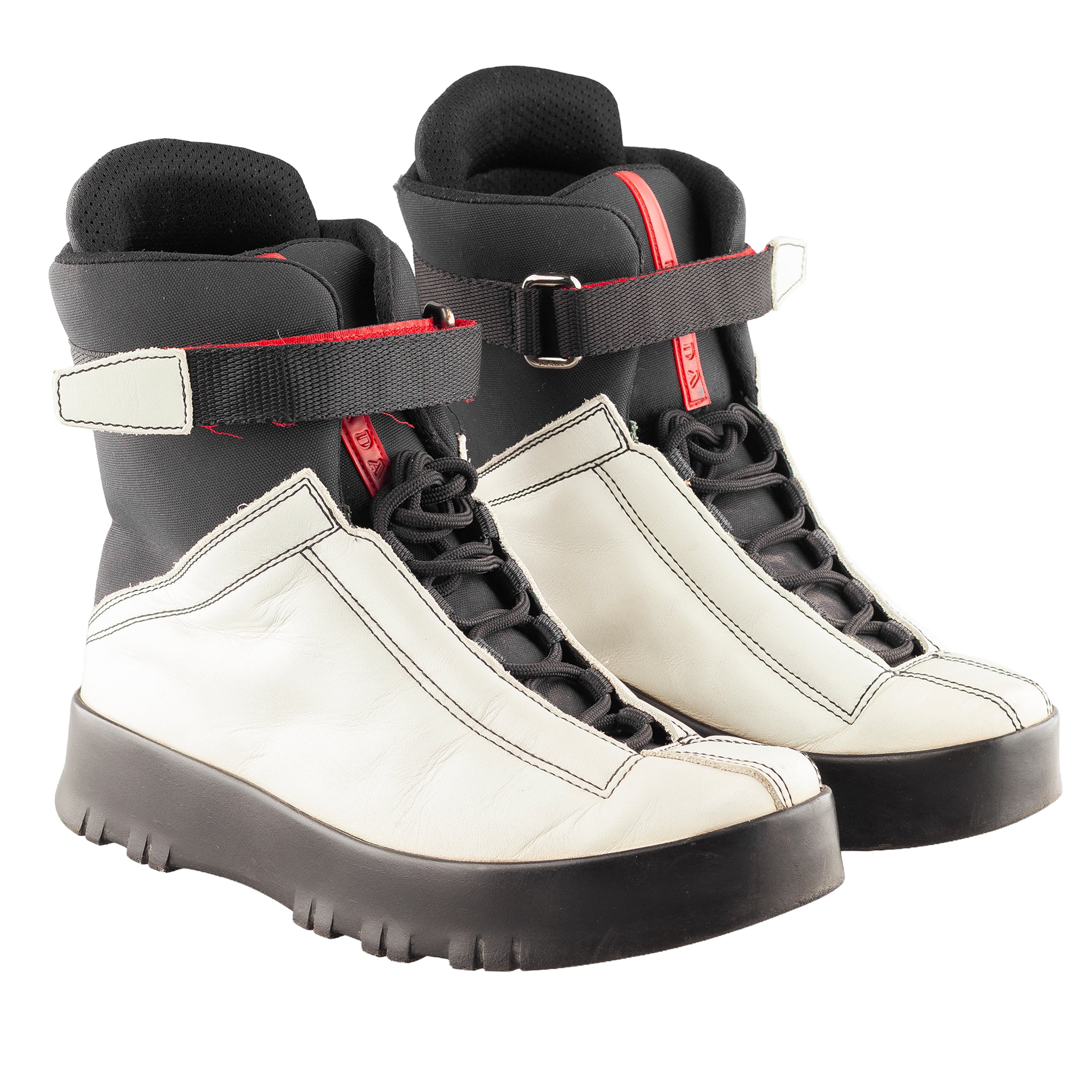 Prada Sport Linea Rossa Beige Lace Up Leather Ankle Snow Boots
