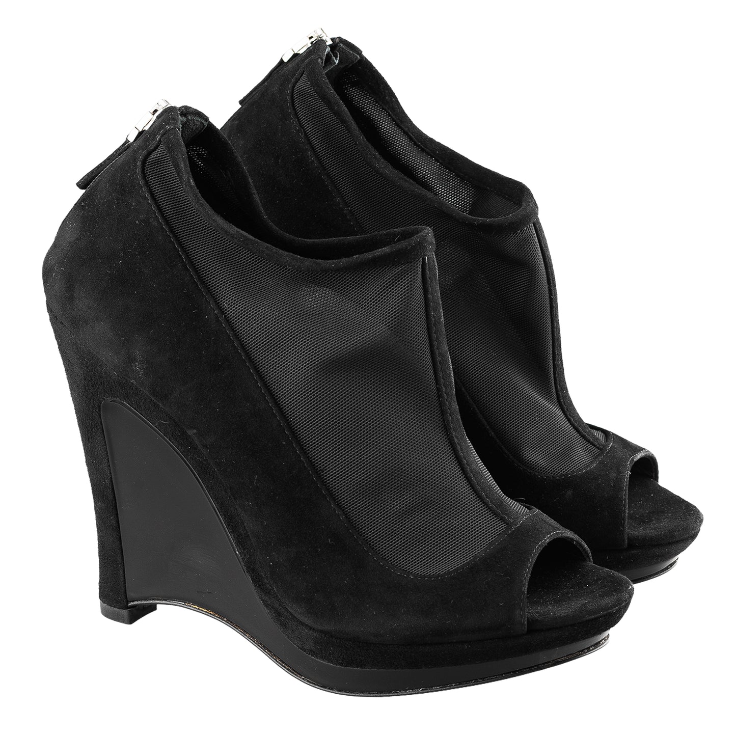 Fendi SS 2009 Black Suede and Fabric Peep Toe Platform Ankle Boots