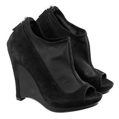 Fendi SS 2009 Black Suede and Fabric Peep Toe Platform Ankle Boots