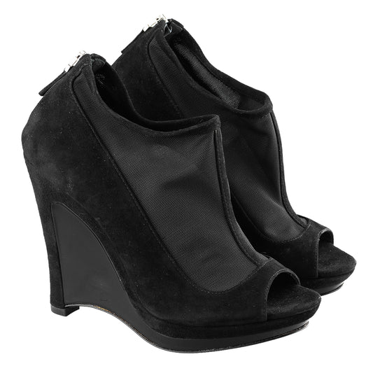 Fendi SS 2009 Black Suede and Fabric Peep Toe Platform Ankle Boots