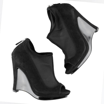 Fendi SS 2009 Black Suede and Fabric Peep Toe Platform Ankle Boots