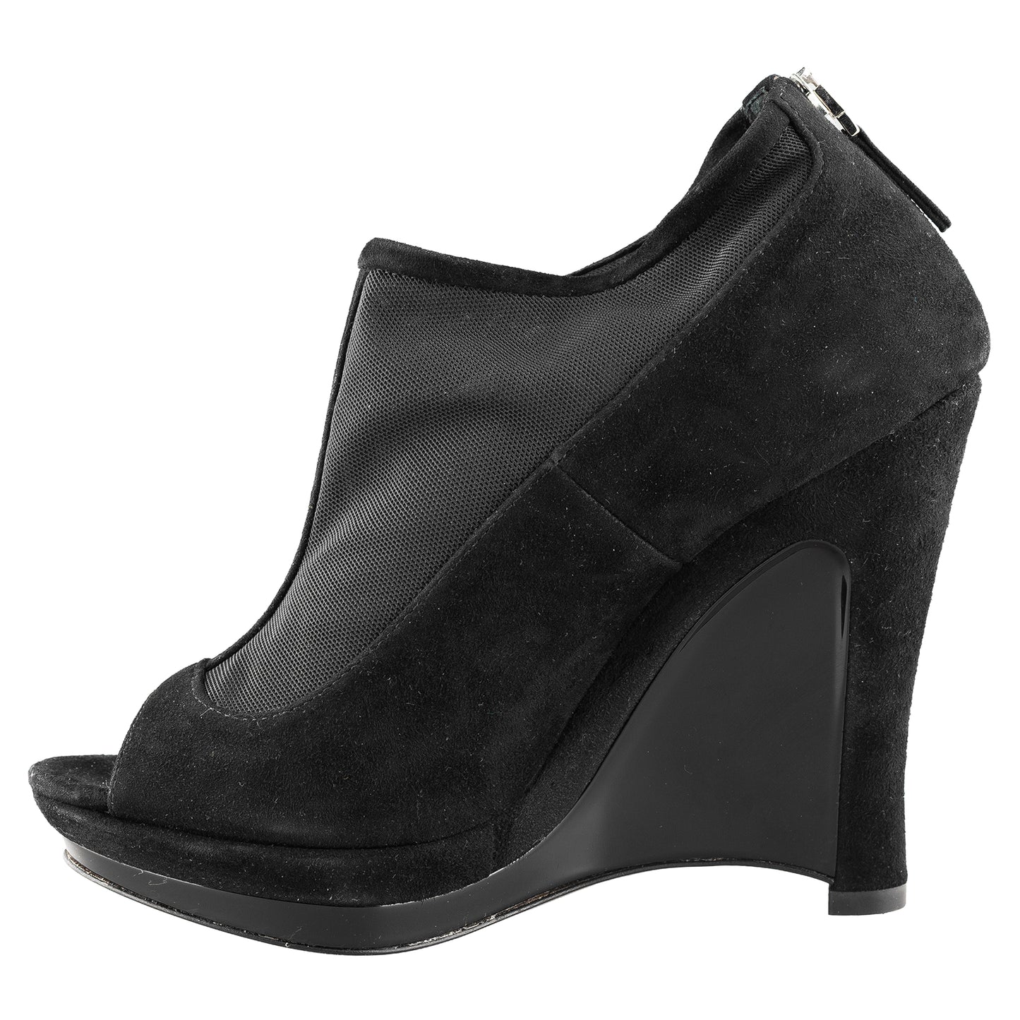 Fendi SS 2009 Black Suede and Fabric Peep Toe Platform Ankle Boots