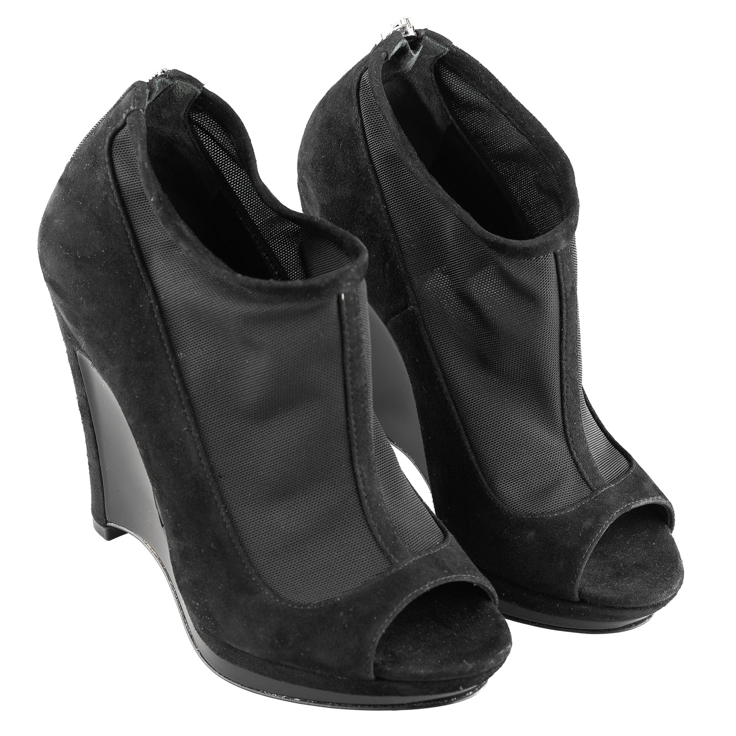 Fendi SS 2009 Black Suede and Fabric Peep Toe Platform Ankle Boots