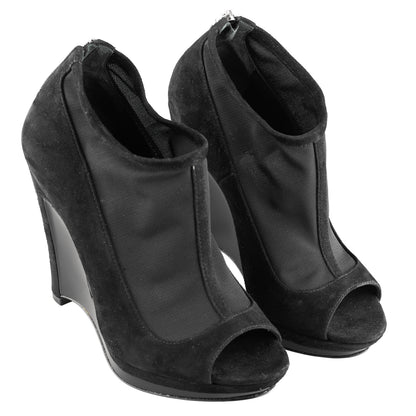 Fendi SS 2009 Black Suede and Fabric Peep Toe Platform Ankle Boots