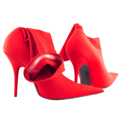 Balenciaga Red Stretch Fabric Knife Pointed Toe Sock Mid Calf Boots