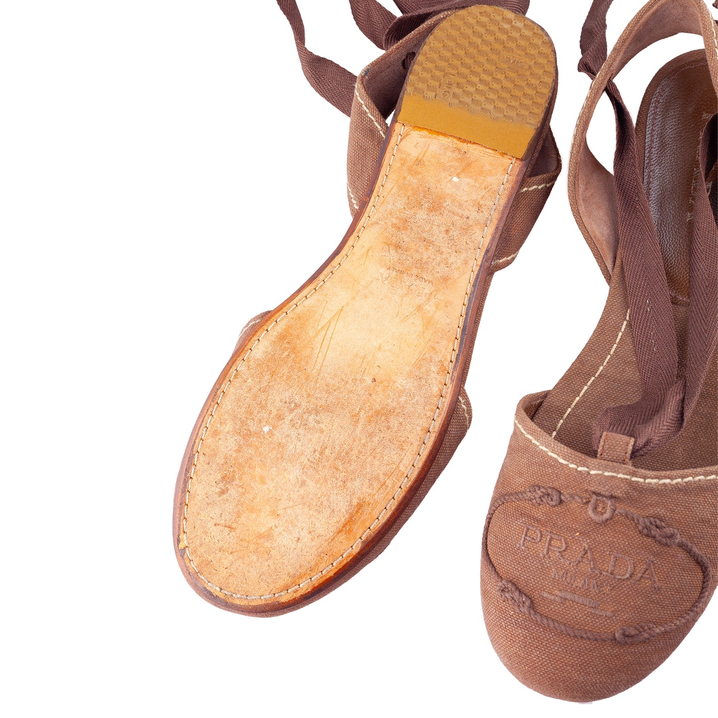 Prada Brown Logo Lace-Up Flat Espadrilles