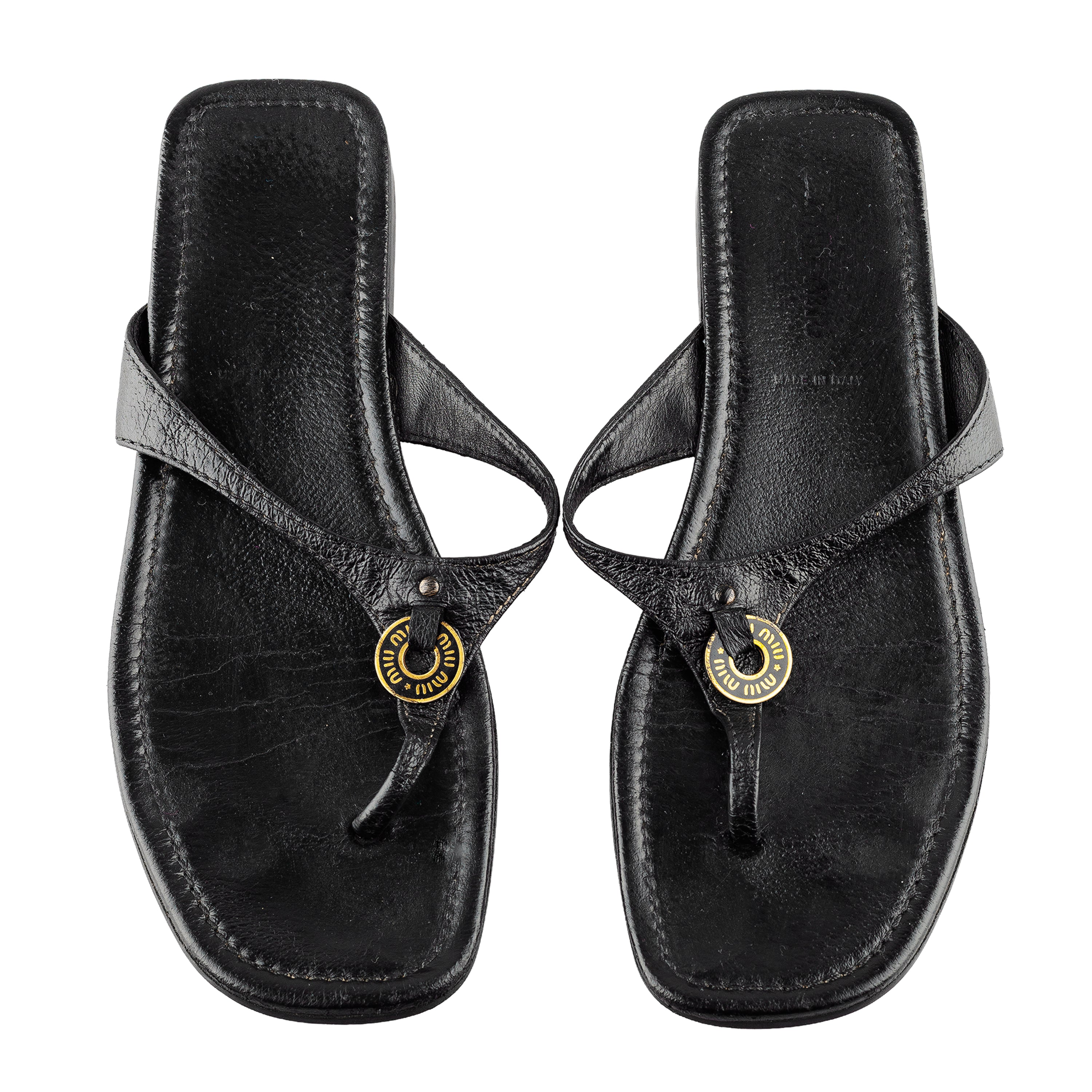 Miu Miu Vintage Black Leather Thong Sandals