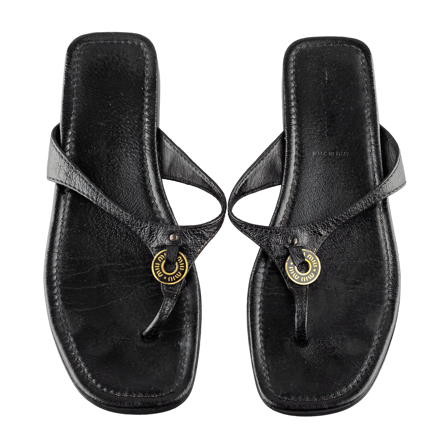 Miu Miu Vintage Black Leather Thong Sandals