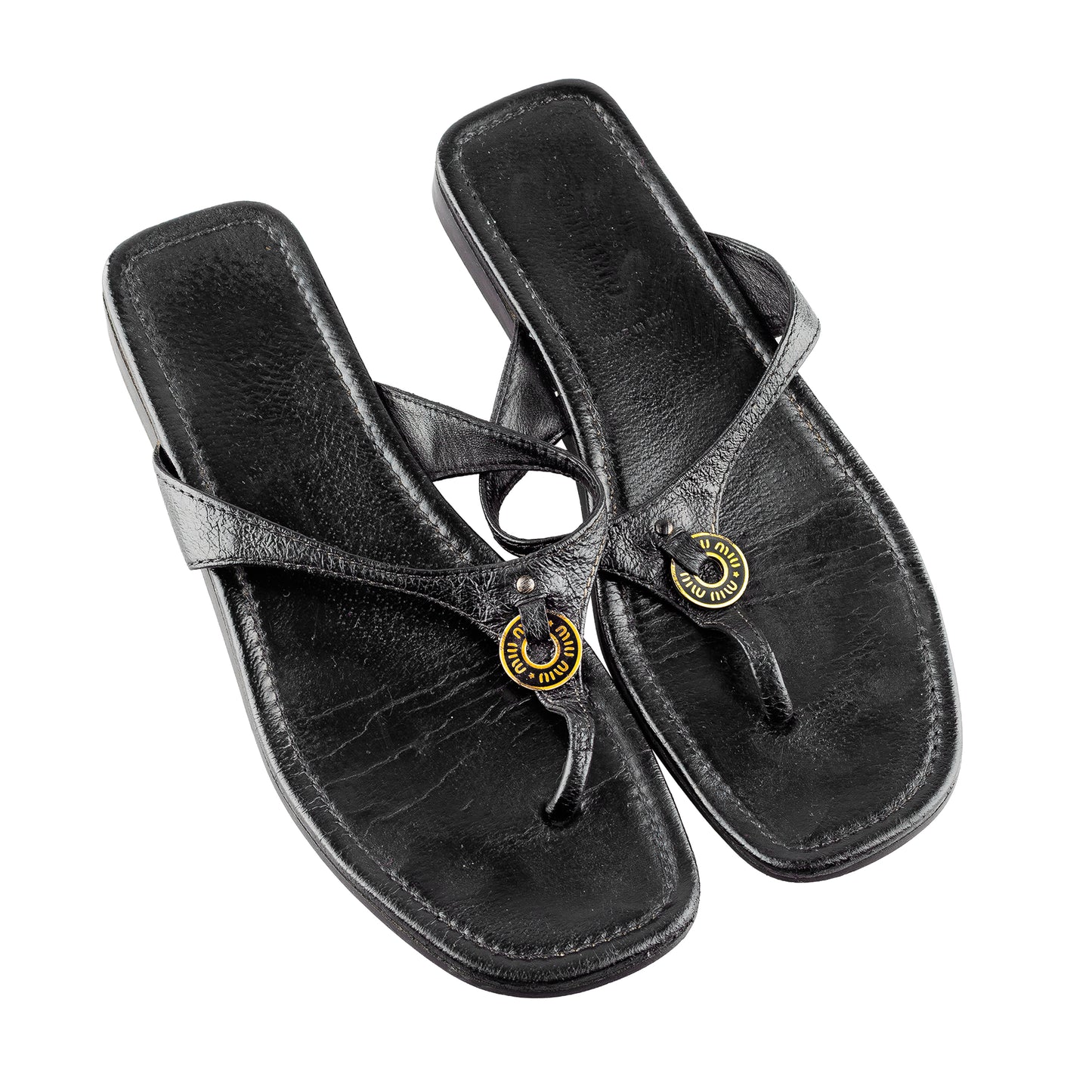 Miu Miu Vintage Black Leather Thong Sandals