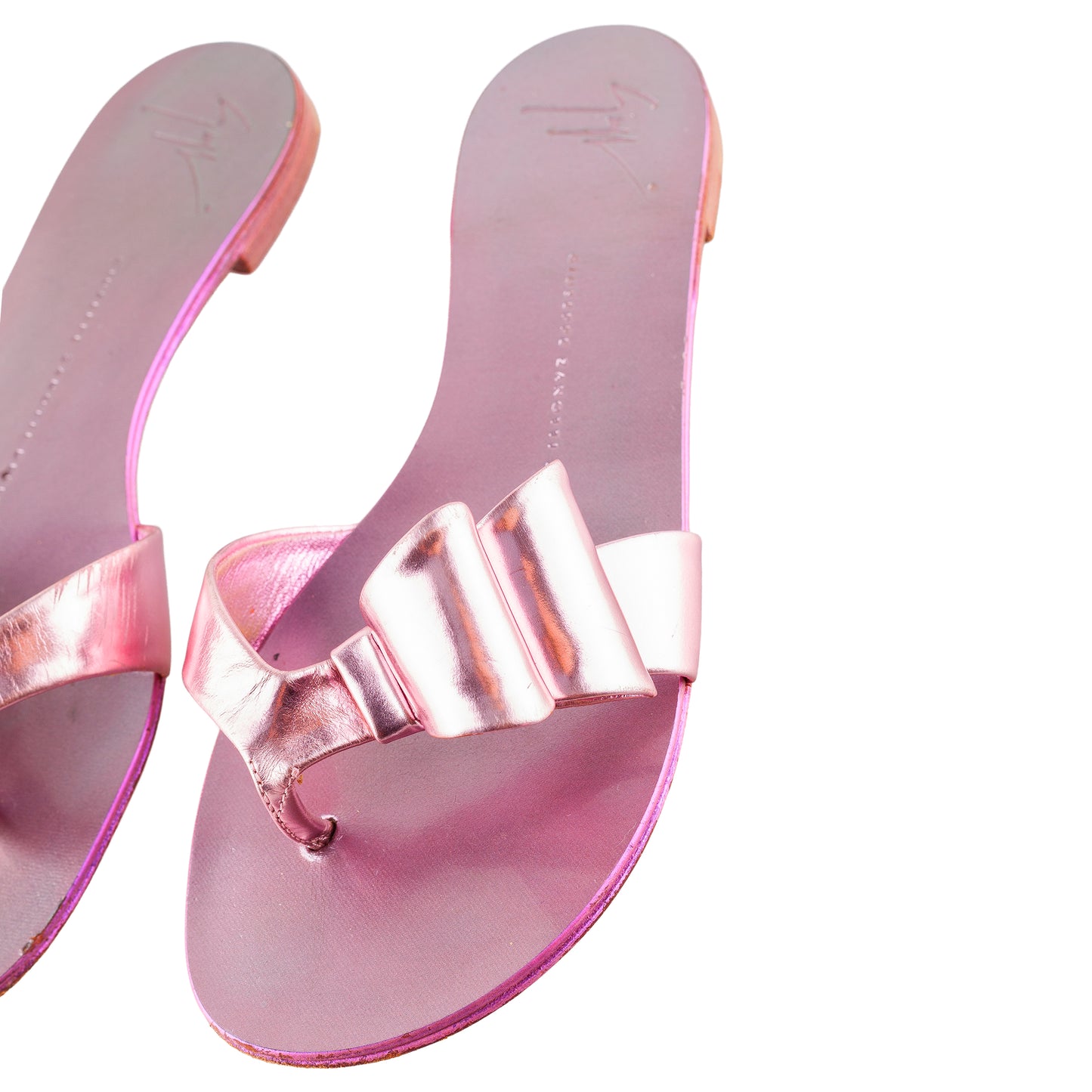 Giuseppe Zanotti Rose Gold Metallic Bow Leather Flat Sandals