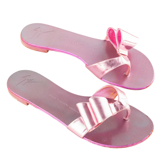 Giuseppe Zanotti Rose Gold Metallic Bow Leather Flat Sandals