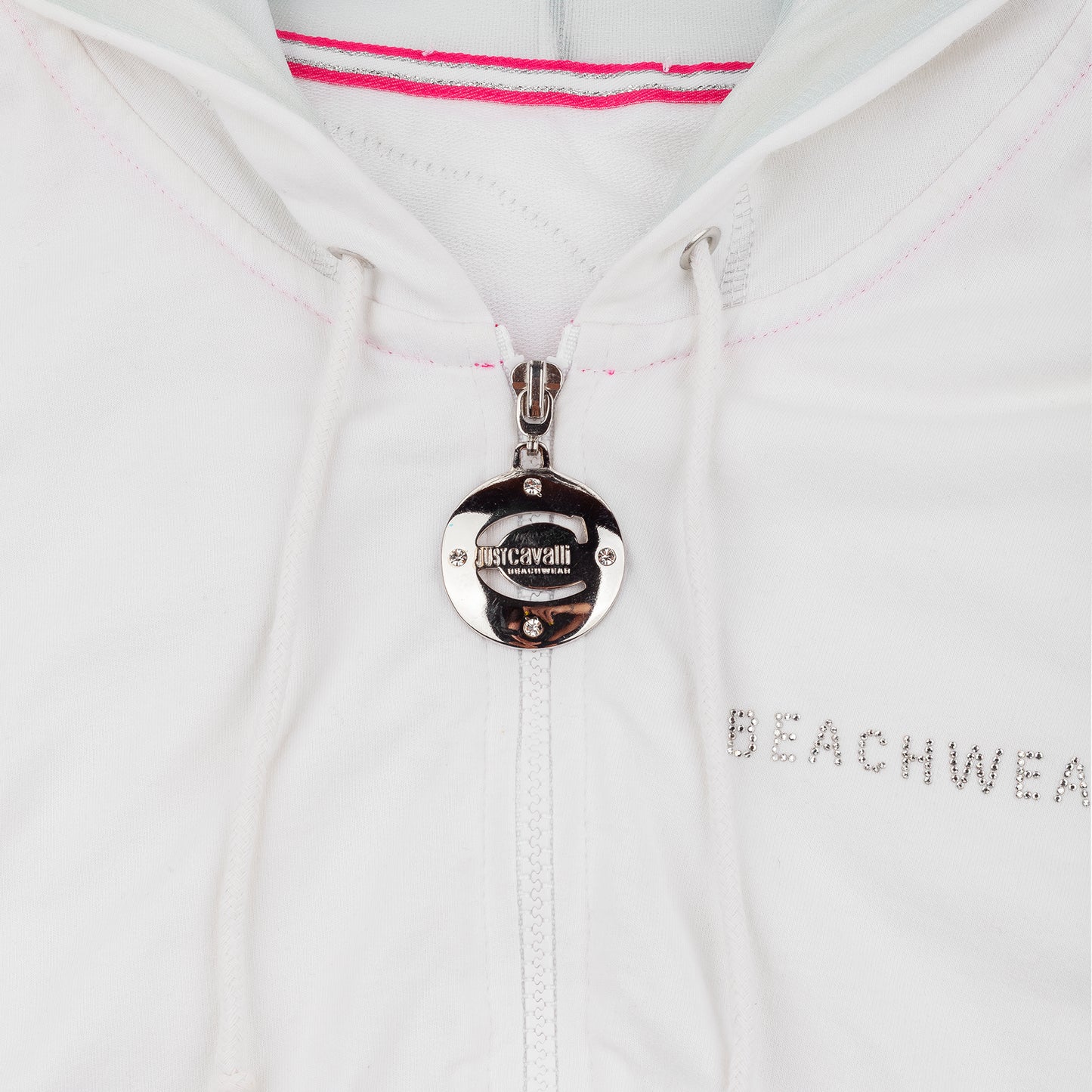 Just Cavalli White Short Sleeve Zip-Up Beachwear Hoodie with Dragon Print