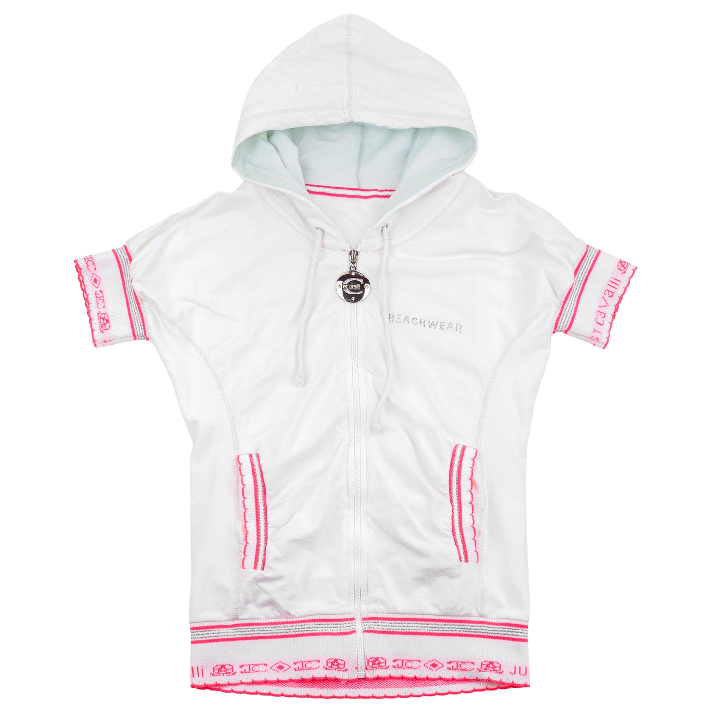 Just Cavalli White Short Sleeve Zip-Up Beachwear Hoodie with Dragon Print