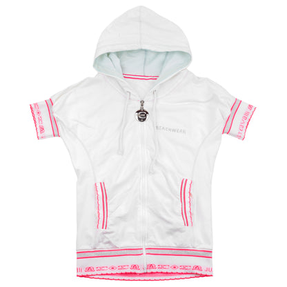 Just Cavalli White Short Sleeve Zip-Up Beachwear Hoodie with Dragon Print