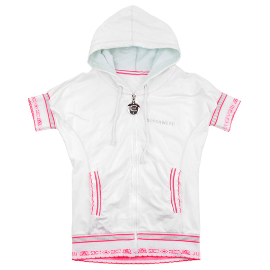 Just Cavalli White Short Sleeve Zip-Up Beachwear Hoodie with Dragon Print