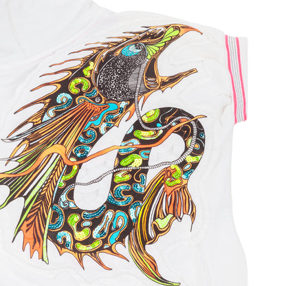 Just Cavalli White Short Sleeve Zip-Up Beachwear Hoodie with Dragon Print