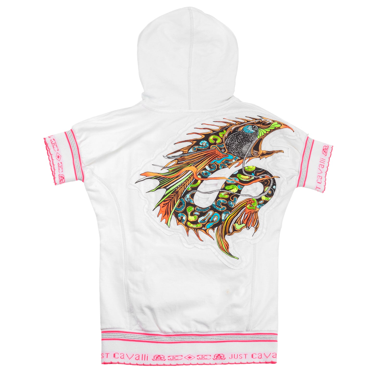Just Cavalli White Short Sleeve Zip-Up Beachwear Hoodie with Dragon Print