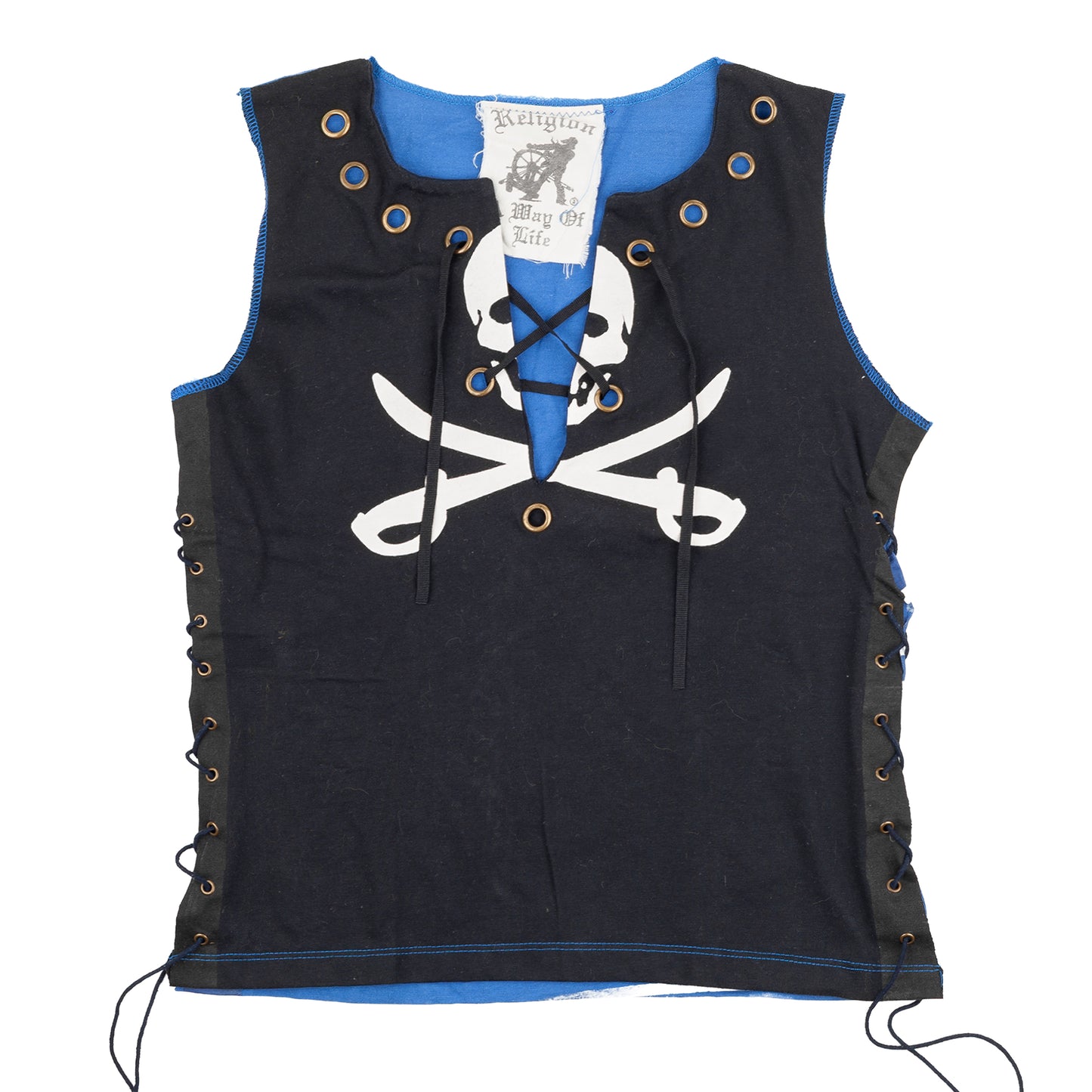 Religion "Piratas" Skull Lace-Up Sleeveless Pirate Tank Top Blue Black