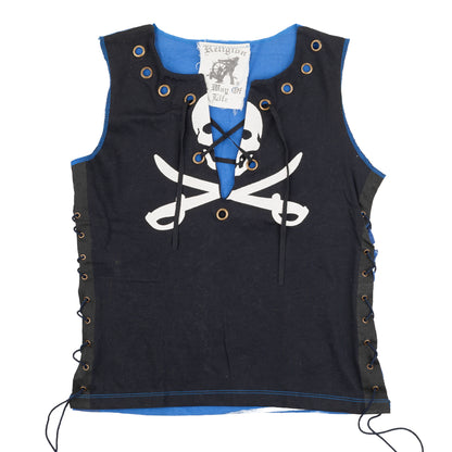 Religion "Piratas" Skull Lace-Up Sleeveless Pirate Tank Top Blue Black