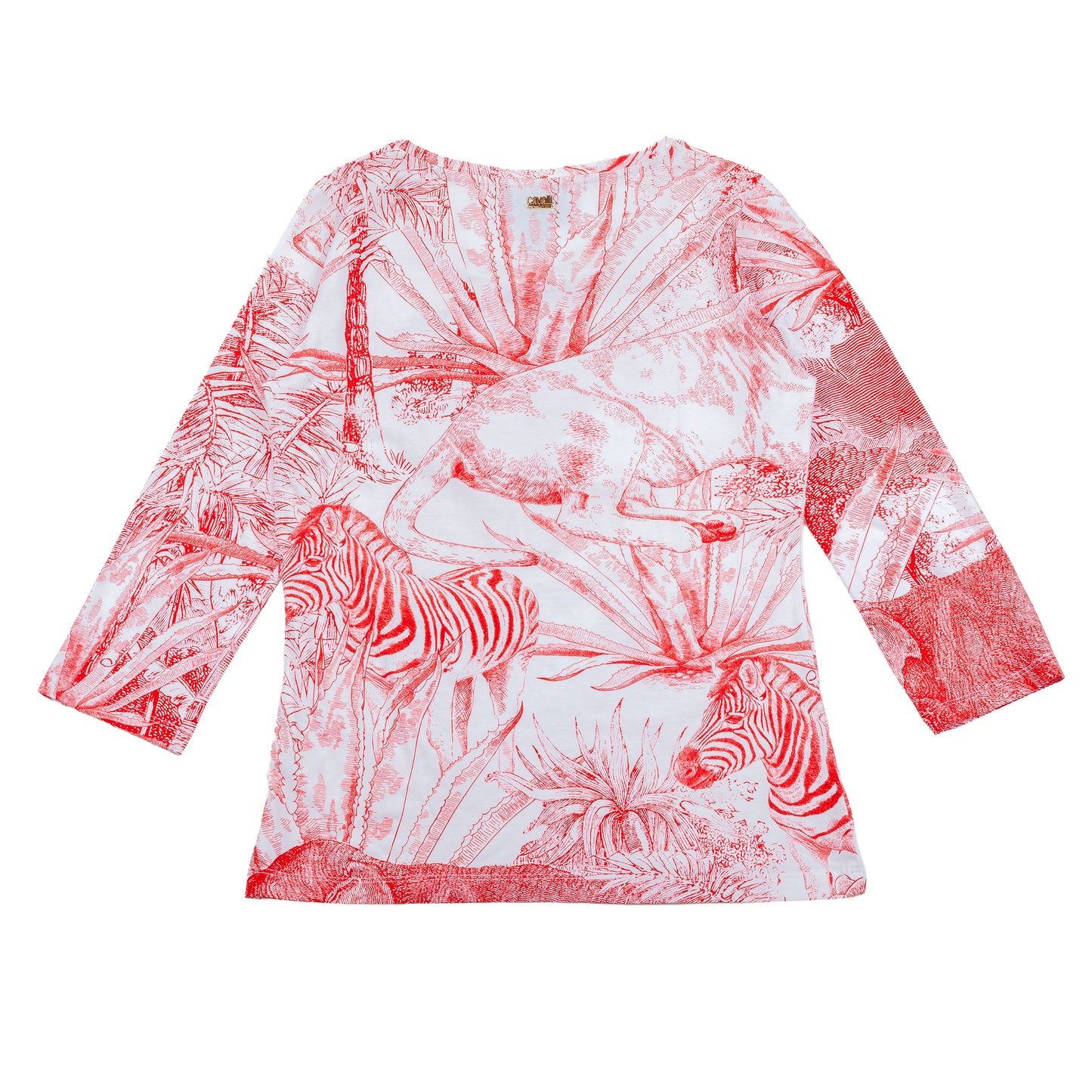 Roberto Cavalli Class Red Safari Toile Print Long Sleeve Top