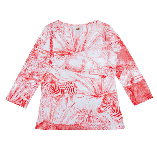 Roberto Cavalli Class Red Safari Toile Print Long Sleeve Top