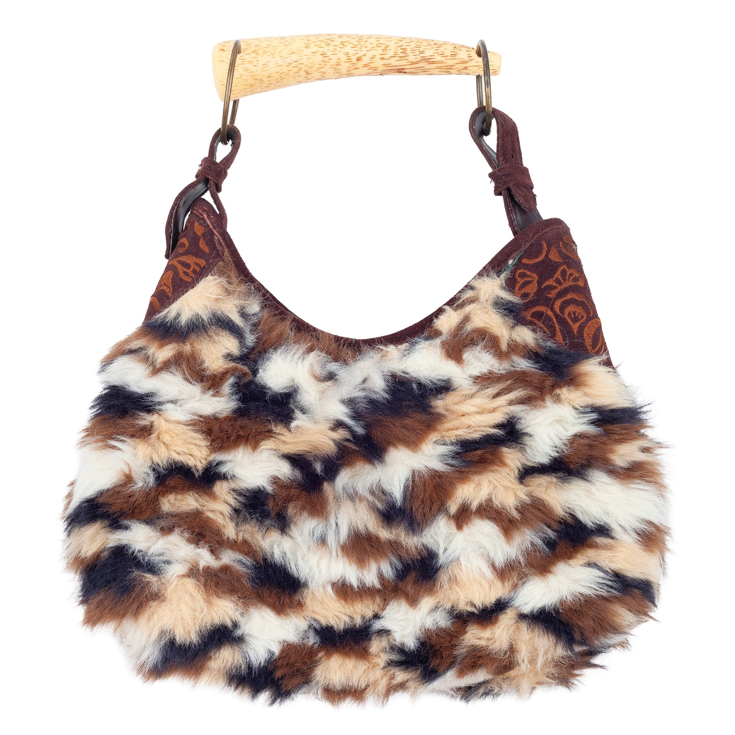 Vintage Faux Fur Balloon Shoulder Bag Wooden Handle