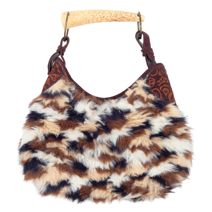 Vintage Faux Fur Balloon Shoulder Bag Wooden Handle