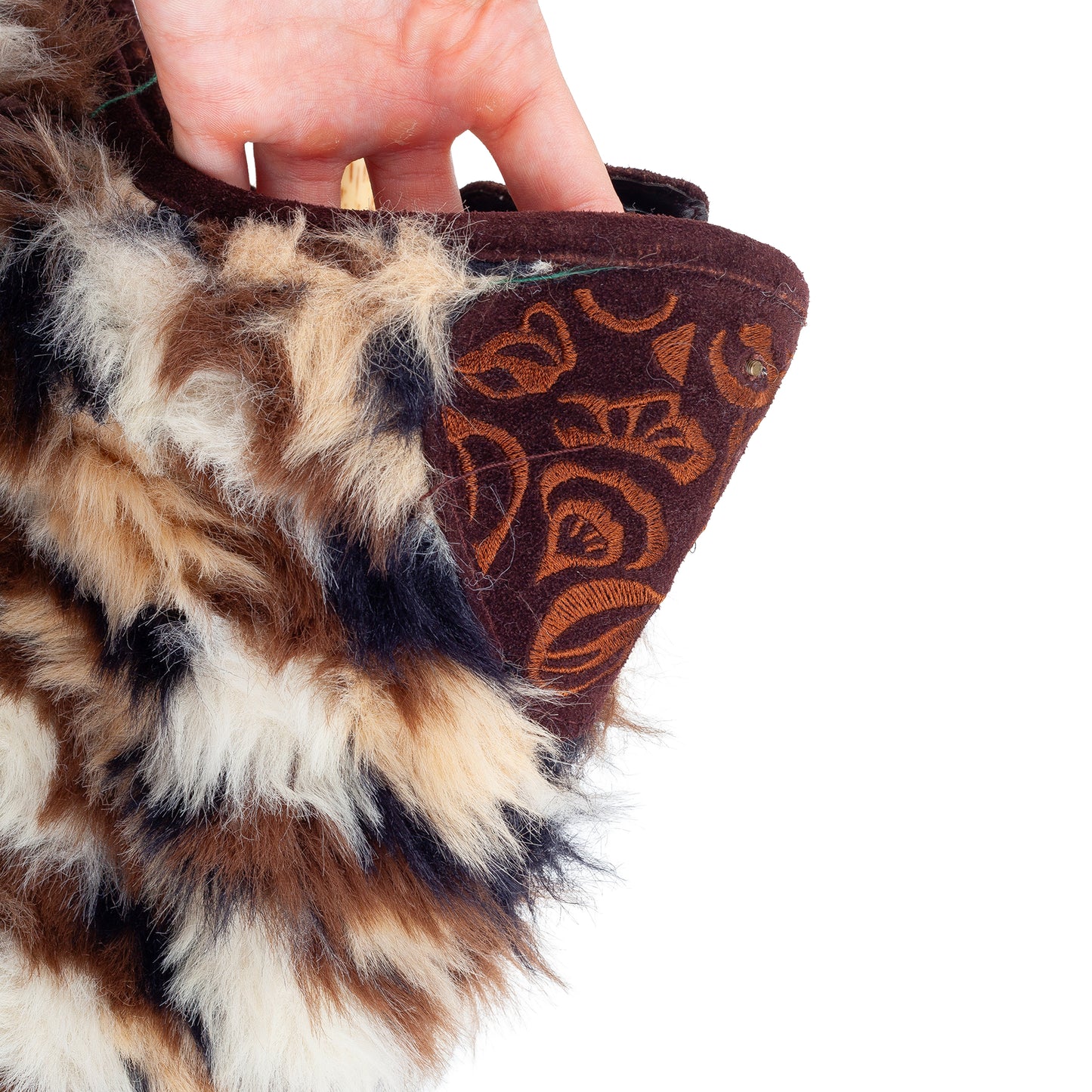 Vintage Faux Fur Balloon Shoulder Bag Wooden Handle