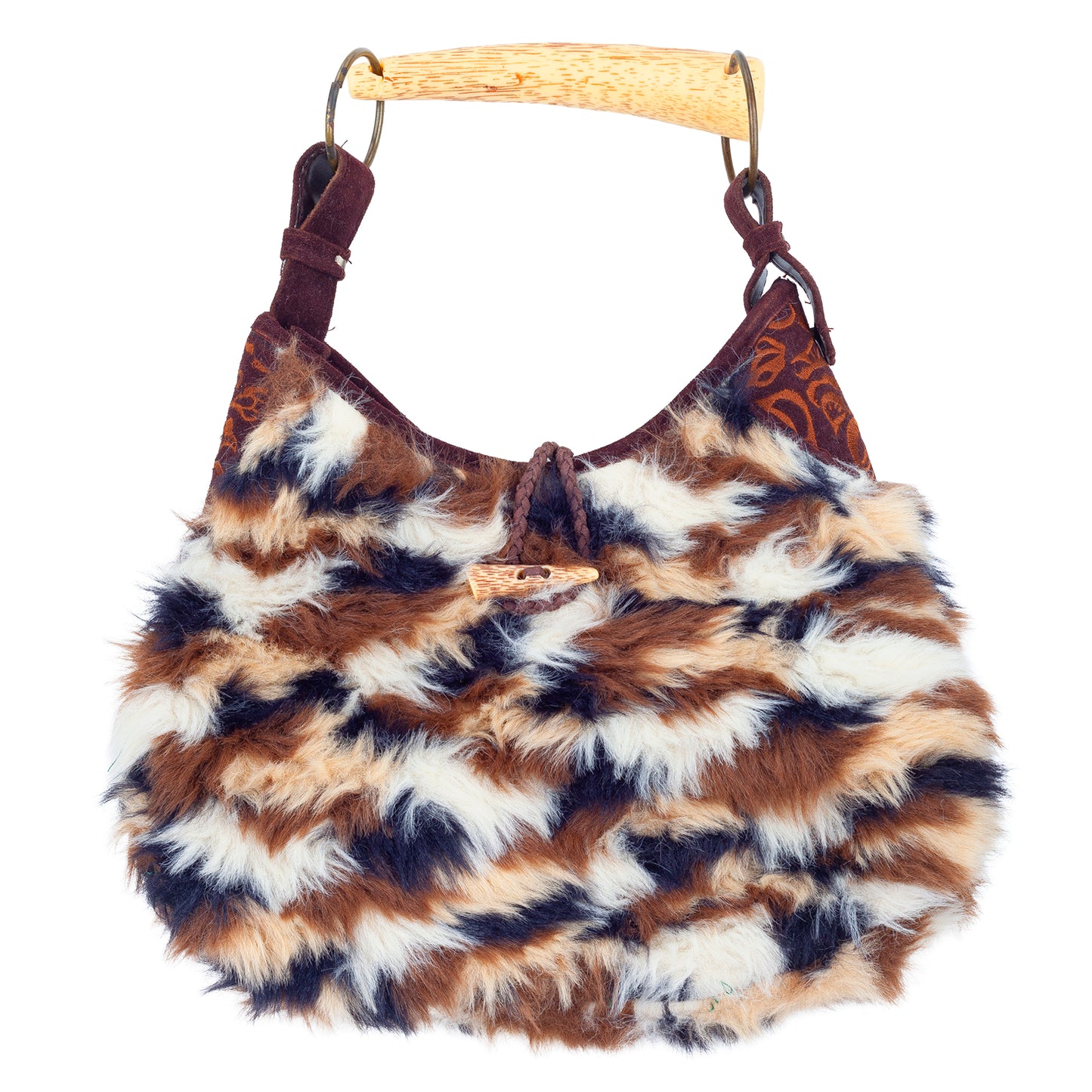 Vintage Faux Fur Balloon Shoulder Bag Wooden Handle