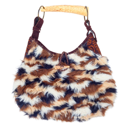 Vintage Faux Fur Balloon Shoulder Bag Wooden Handle