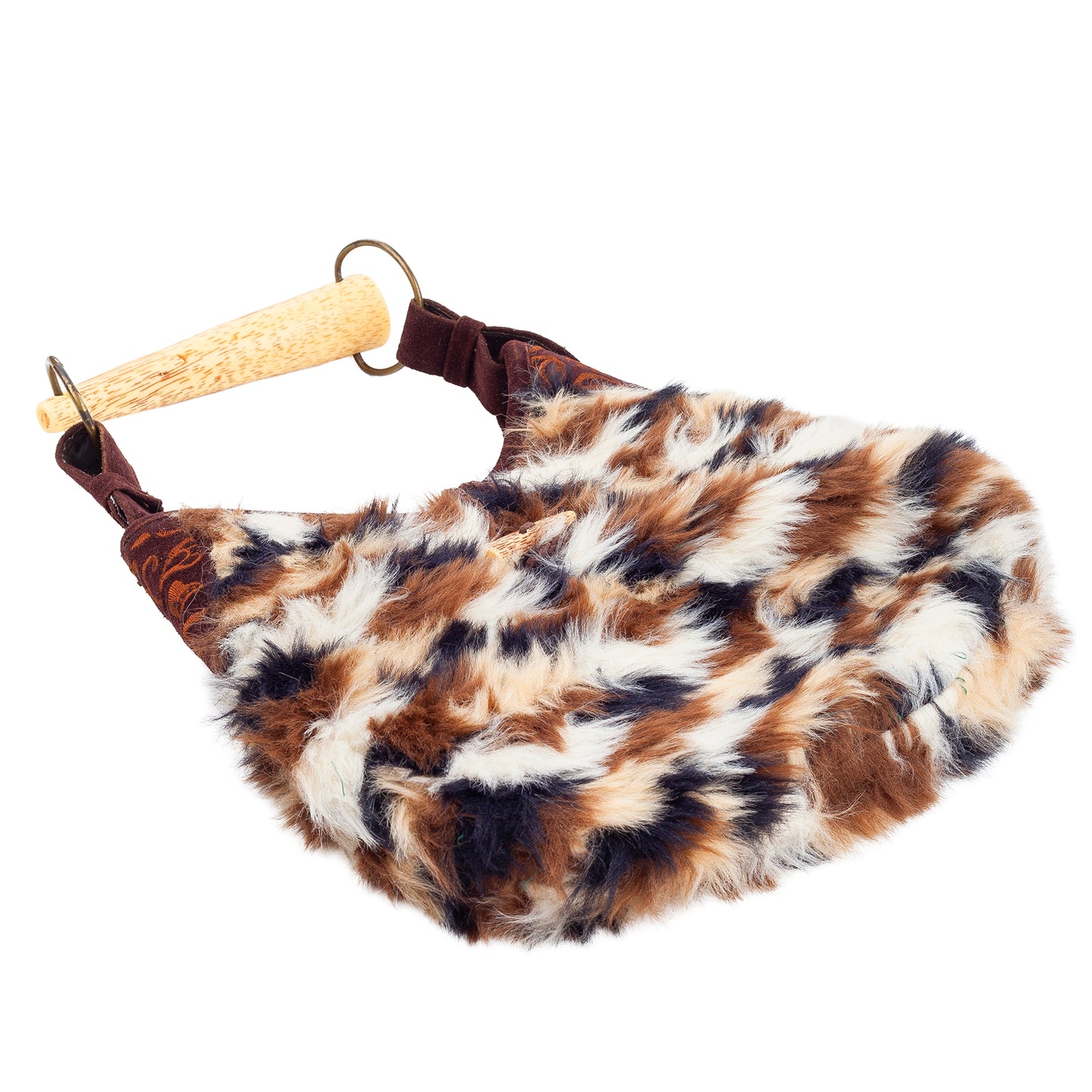 Vintage Faux Fur Balloon Shoulder Bag Wooden Handle