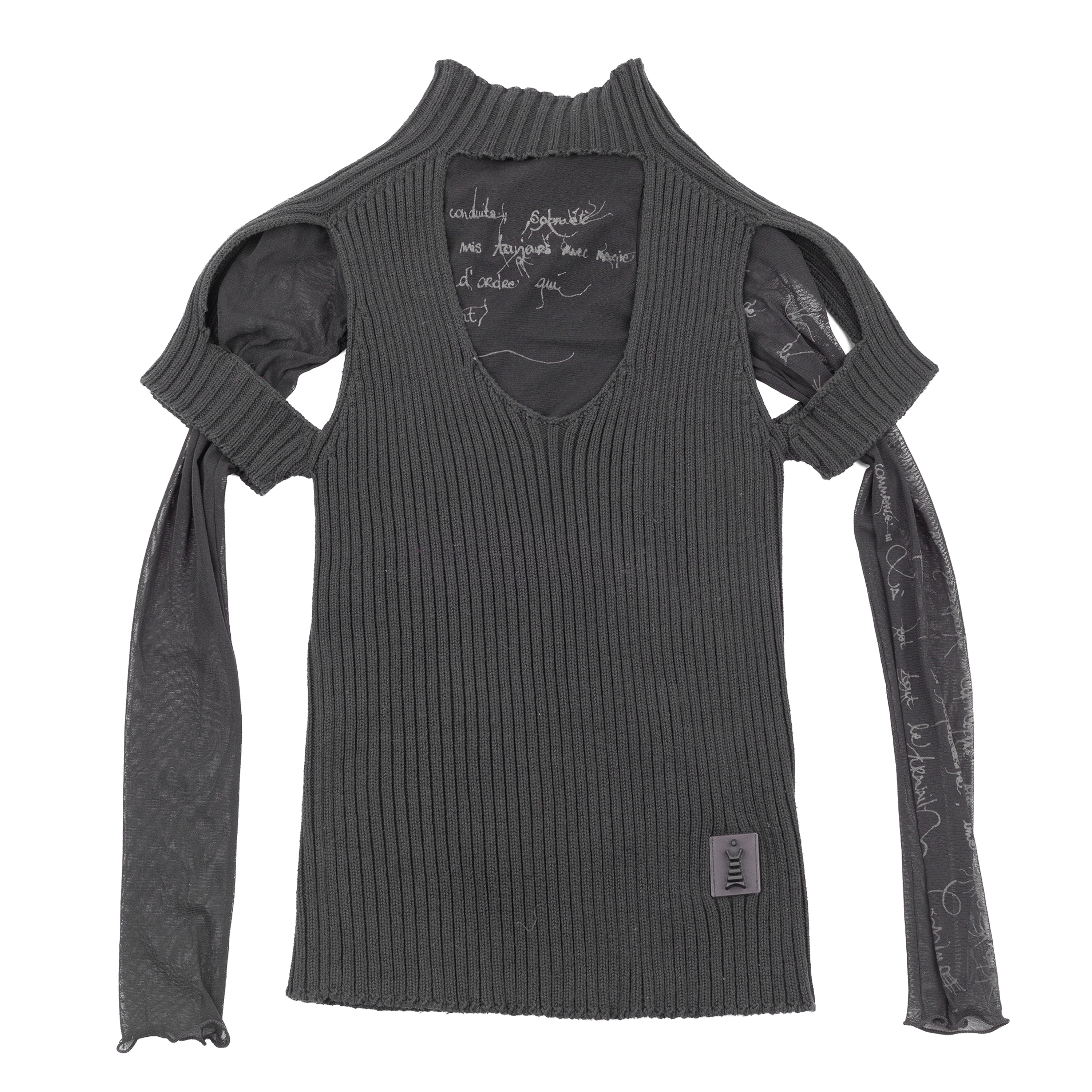 Cop Copine Black Layered Rib Knit & Mesh Cold Shoulder Sweater Top