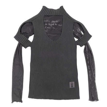 Cop Copine Black Layered Rib Knit & Mesh Cold Shoulder Sweater Top