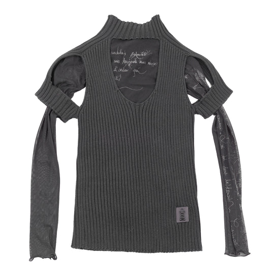 Cop Copine Black Layered Rib Knit & Mesh Cold Shoulder Sweater Top