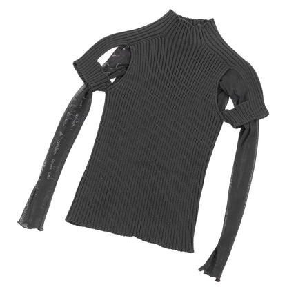 Cop Copine Black Layered Rib Knit & Mesh Cold Shoulder Sweater Top