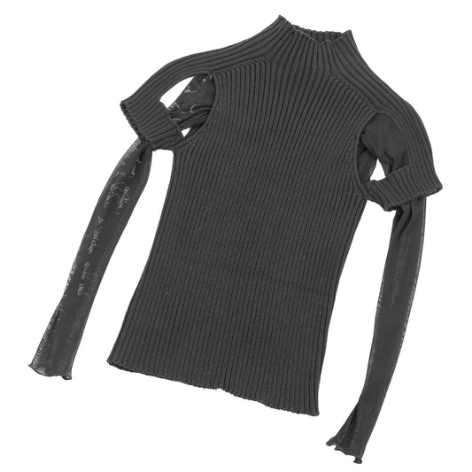 Cop Copine Black Layered Rib Knit & Mesh Cold Shoulder Sweater Top