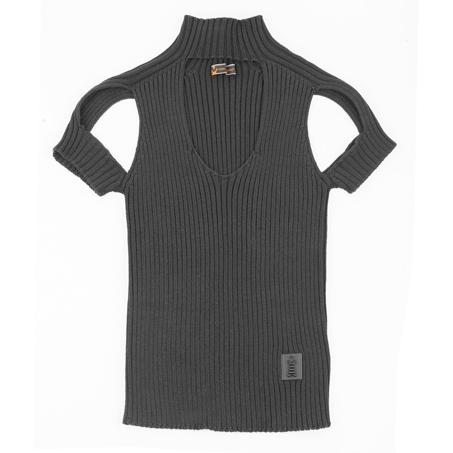 Cop Copine Black Layered Rib Knit & Mesh Cold Shoulder Sweater Top