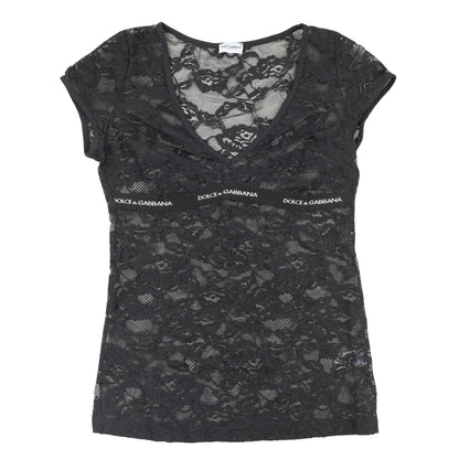 Dolce & Gabbana Black Floral Lace Sheer Logo Mesh Top