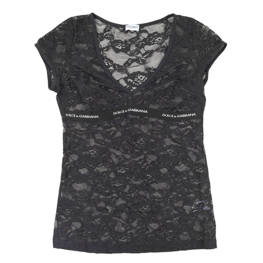 Dolce & Gabbana Black Floral Lace Sheer Logo Mesh Top