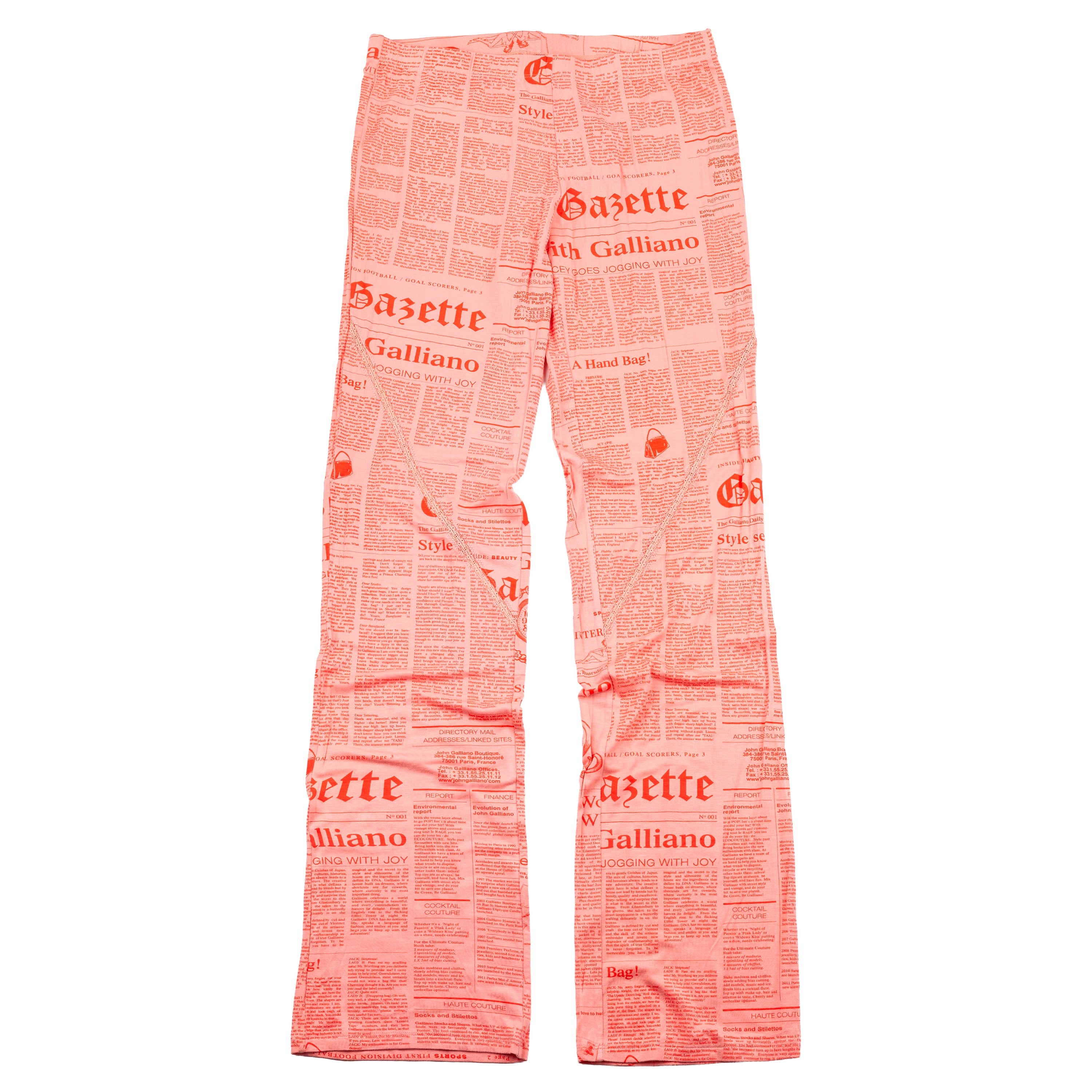 John Galliano Gazette Newspaper Print Pink Mesh Flared Pants