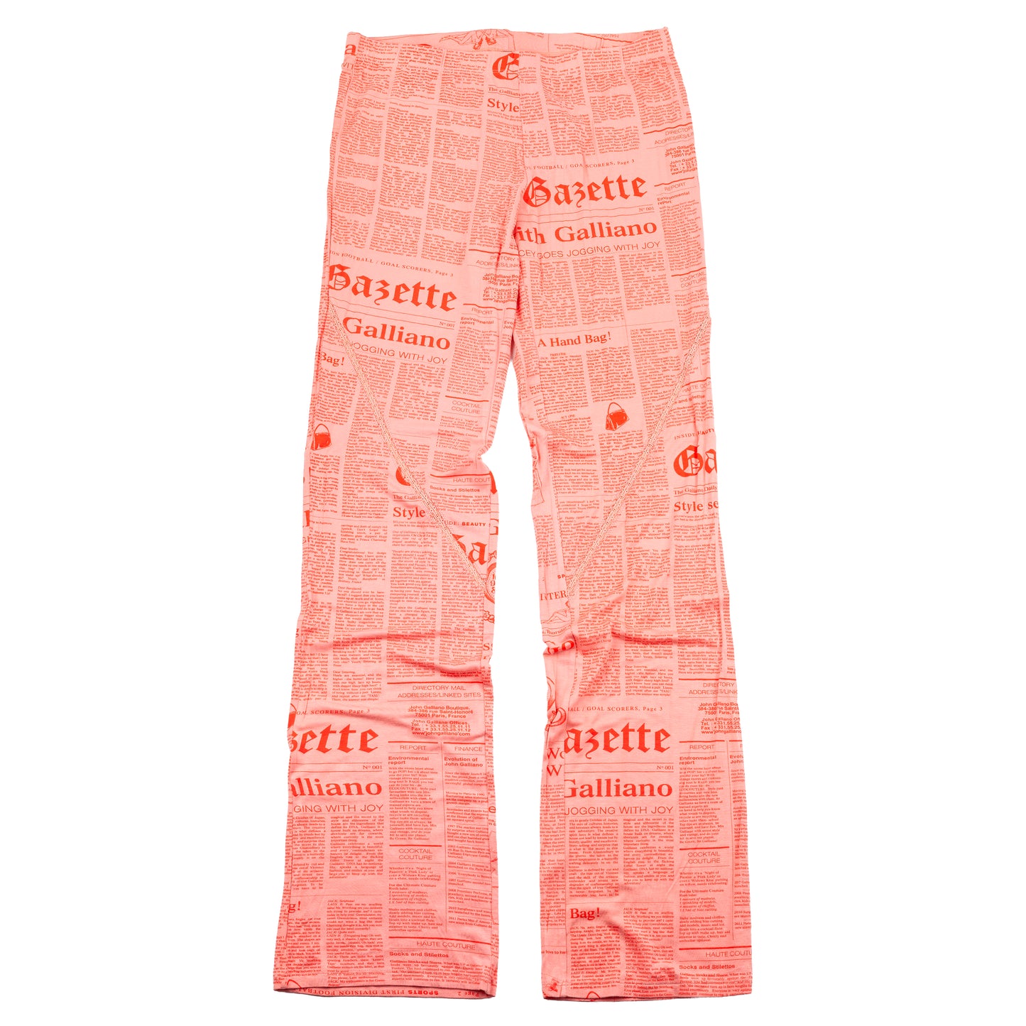 John Galliano Gazette Newspaper Print Pink Mesh Flared Pants