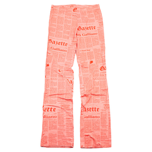John Galliano Gazette Newspaper Print Pink Mesh Flared Pants